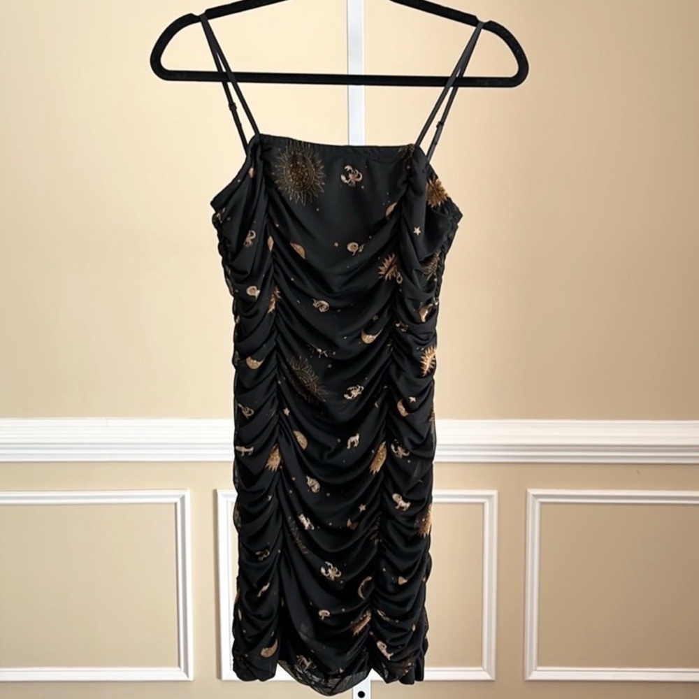 Forever 21 Black Celestial Print Mesh Ruched Mini Dress Size Large